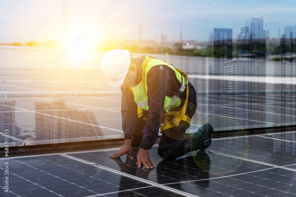 Double exposures picture of engineer installing solar panel on roof with building construction and city. Double exposures picture of engineer installing solar panel on roof with building construction and city.