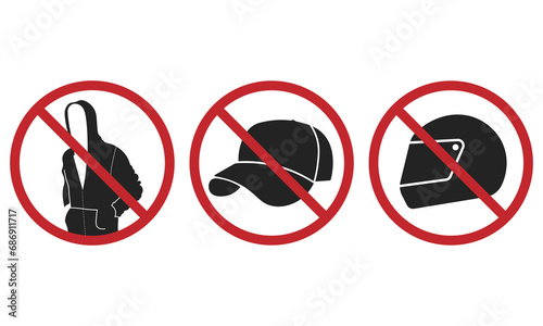 Bundle set of Isolated prohibition sign of do not wear hoodie, helm and hat, motorcycle helmet and head wear prohibited for indoor security sign, ATM, Bank, Store