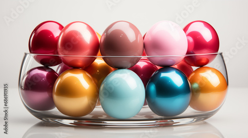 A group of colorful eggs with a plain background. Generative AI. 