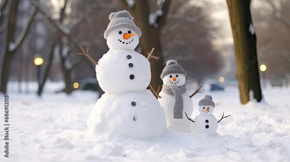 snowman couple with a miniature snow-baby, set in a picturesque park with children playing in the background, in a happy snow family snowman couple with a miniature snow-baby, set in a picturesque park with children playing in the background, in a happy snow family
