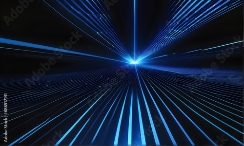 Blue and purple grids neon glow light lines design on perspective floor, creativity, digital, internet, cyberpunk, virtual reality concept, hi-tech abstract background.
