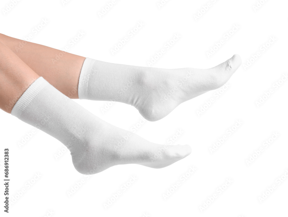 Woman in stylish socks on white background, closeup Woman in stylish socks on white background, closeup