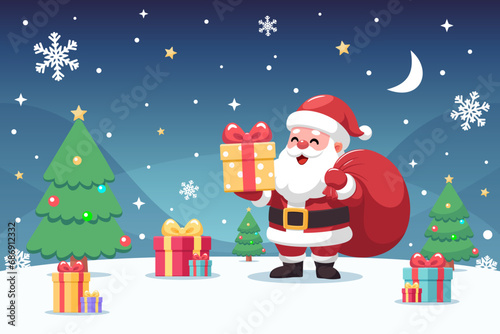 Christmas Santa Claus holding yellow gift box and red sack on night sky background with moon, stars, snowflakes, green trees, presents lying around on the snow ground. Vector cartoon illustration.