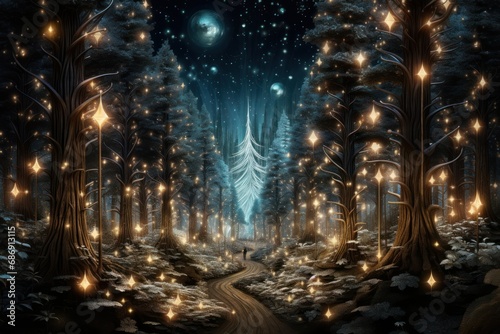 Enchanting Forest of Illuminated Christmas Trees at Night