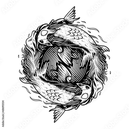 Two koi carps. Yin yang symbol. Vintage engraving monochrome illustration. Isolated on white