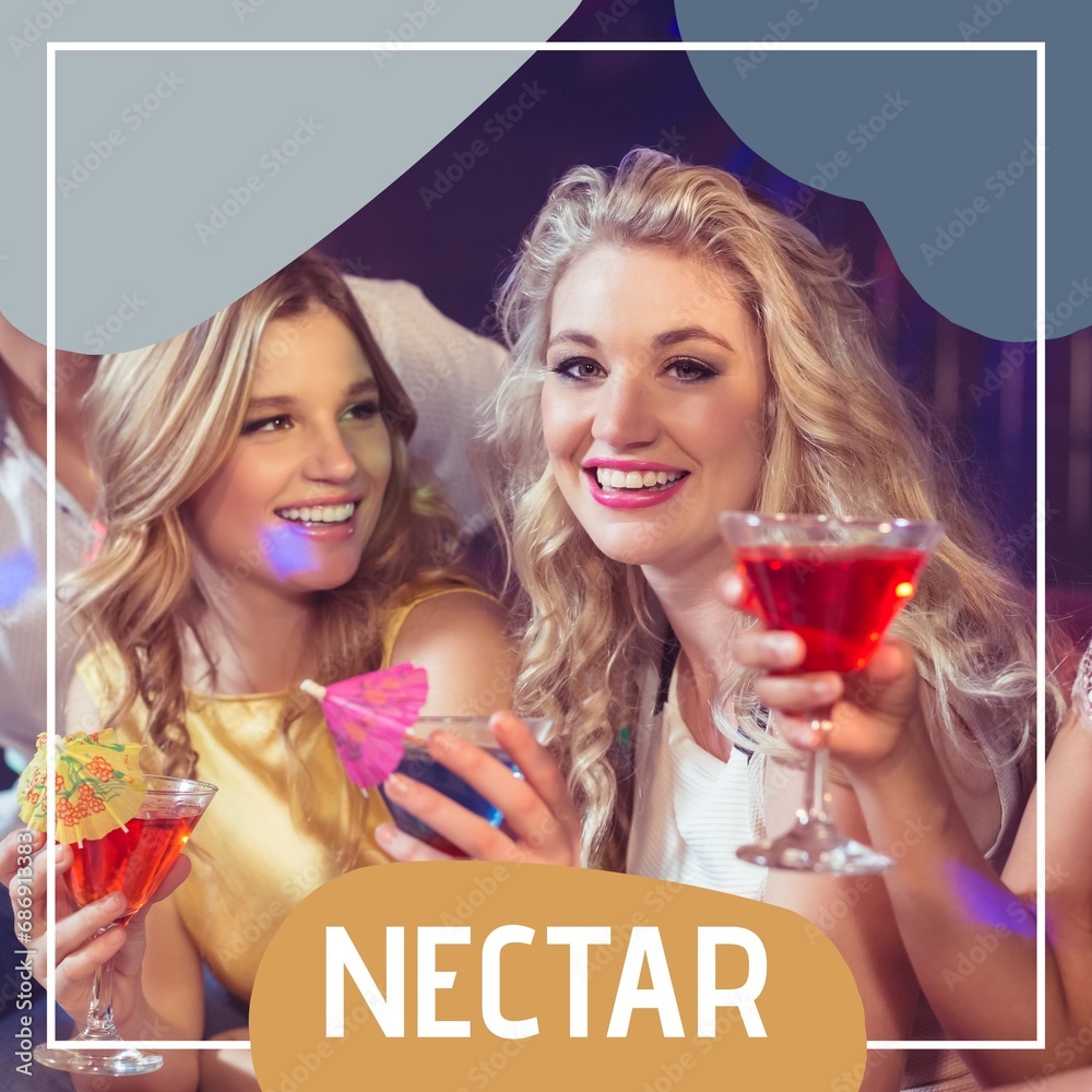 Composition of nectar text with shapes over caucasian female friends holding cocktails at party