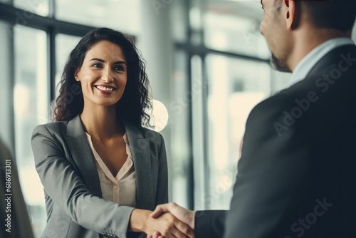 Female Manager Sealing a Deal with a Handshake in Office