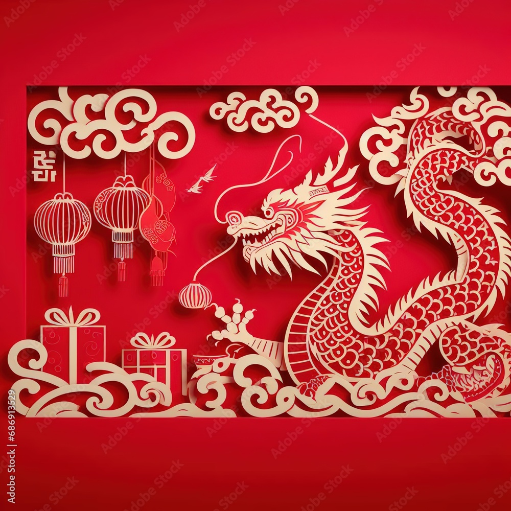 2024 Chinese new year, year of the Dragon banner template design with dragon and giftbox background.3d rendering illustration ai generated 2024 Chinese new year, year of the Dragon banner template design with dragon and giftbox background.3d rendering illustration ai generated