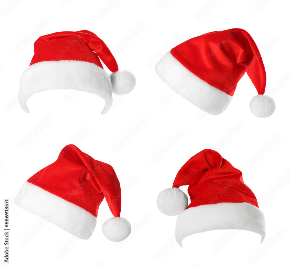 Red Santa Claus hat isolated on white, set Red Santa Claus hat isolated on white, set