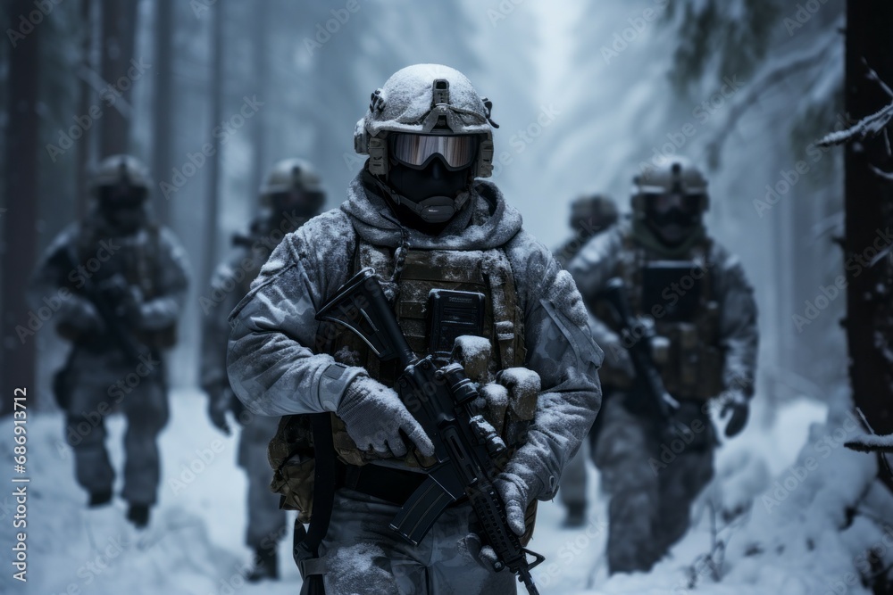 A soldier in a snowy winter at war. Portrait with selective focus and copy space for text A soldier in a snowy winter at war. Portrait with selective focus and copy space for text