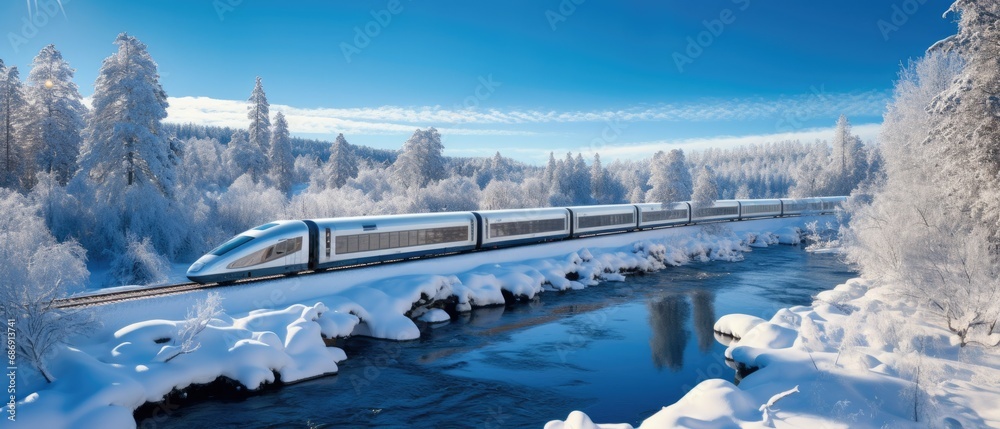 a modern high-speed train gliding past a frozen river, with snowflakes gently falling, in a sleek winter travel 