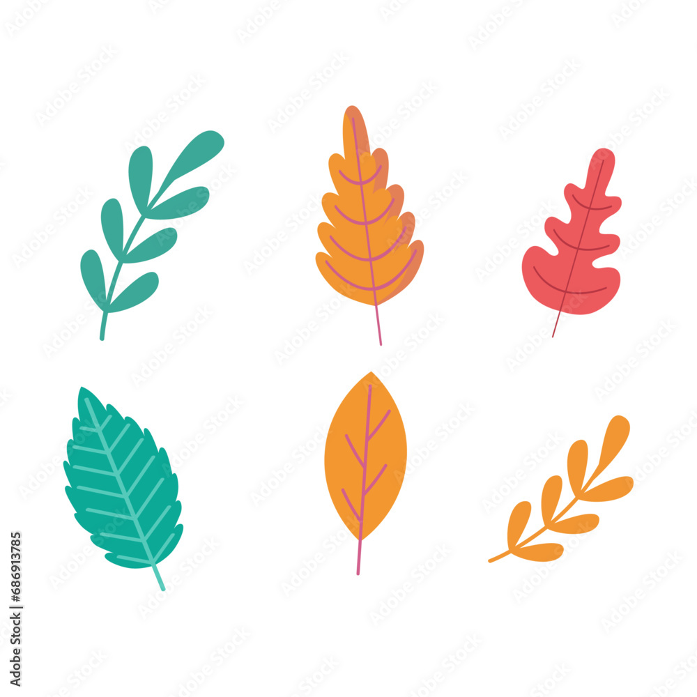Vector hand drawn colorful leaves on white