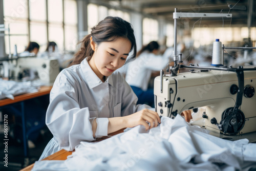 Woman in a garment factory, portrait at work. Background with selective focus and copy space