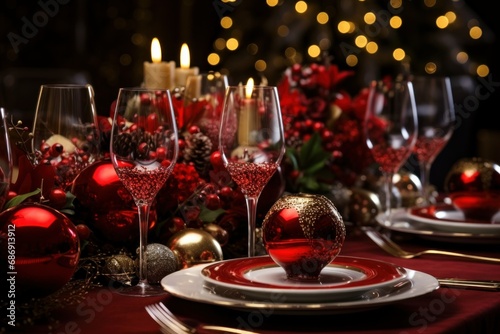 Festive Table Setting with Christmas Background