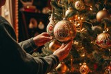 Hand Placing Festive Baubles on Christmas Tree