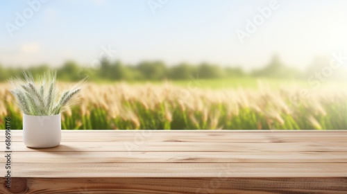 white Wooden table on blurred agriculture background, Advertisement, Print media, Illustration, Banner, for website, copy space, for word, template, presentation