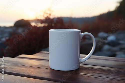 mug mock up of blank white 11oz coffee mug d-handle on left side, mug on a table, spotlight is on mug side facing viewer, background is dawn time ai generative