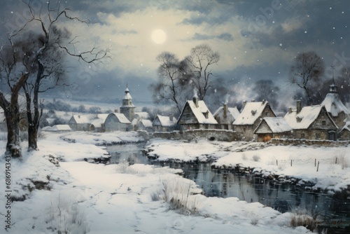 Idyllic Village Scene with Falling Snow © Lucija