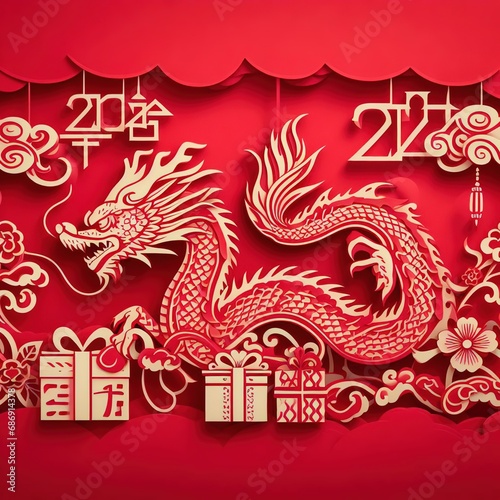 2024 Chinese new year  year of the Dragon banner template design with dragon and giftbox background.3d rendering illustration ai generated