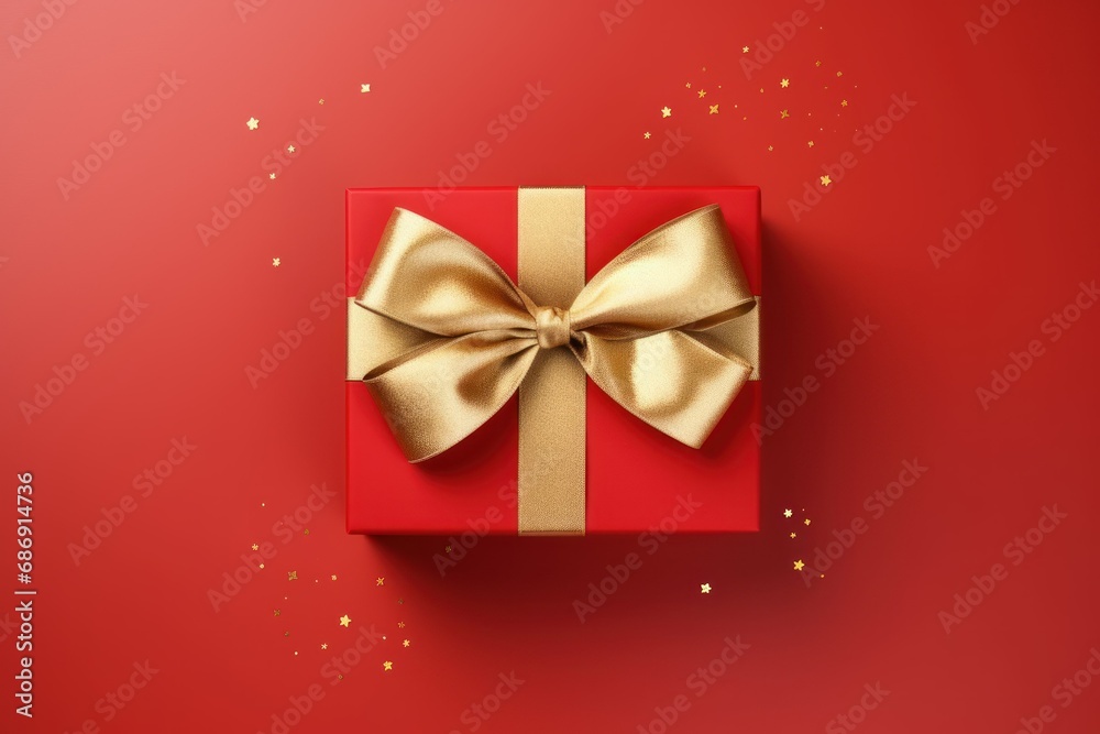 Luxurious Golden Bow on Red Gift Box, Top View