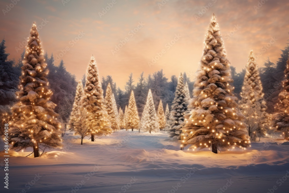Magical Snowy Christmas Trees with Golden Lights at Dusk