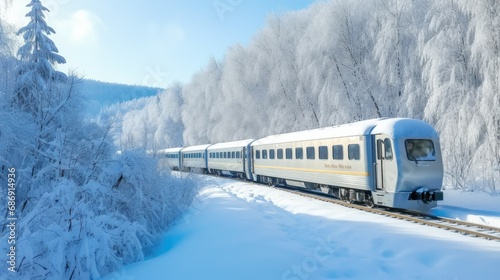 an old-fashioned passenger train moving through a snow-covered forest, with a blanket of white and frosty branches, in a serene winter escape