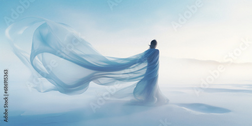 Image of a silhouette of a woman in a dress made of light fabrics fluttering in the wind in the light of a winter dawn, made with small strokes, digital painting photo