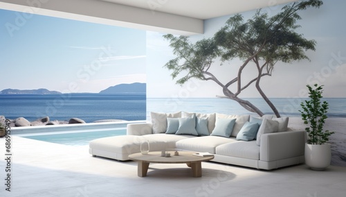 Outdoor living room with the ocean in the background. © Goojournoon