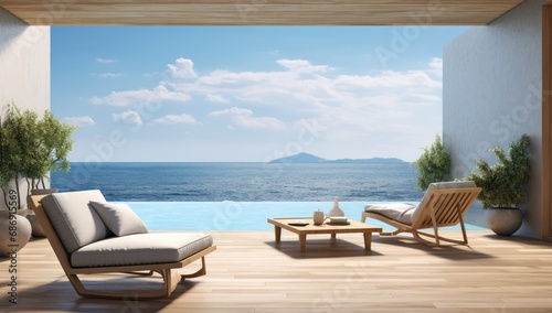 Outdoor lounge area overlooking the sea is shown. © Goojournoon