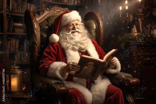 Santa Enjoying a Timeless Christmas Tale in Chair