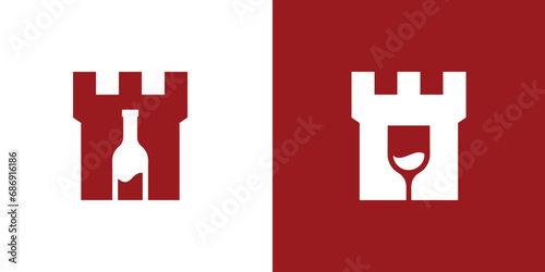 logo design combining a castle shape with a glass or wine bottle.negative space logo.