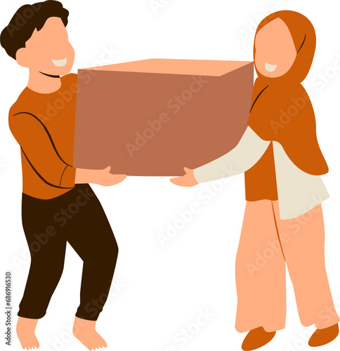 Young couple lifting the cardboard together