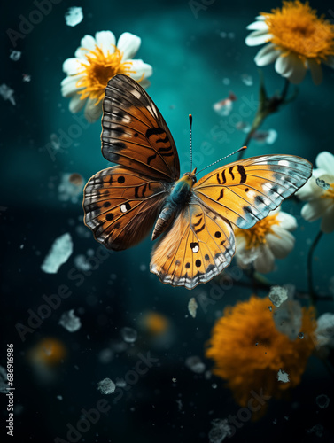 A butterfly and yellow flowers. Generative AI. 