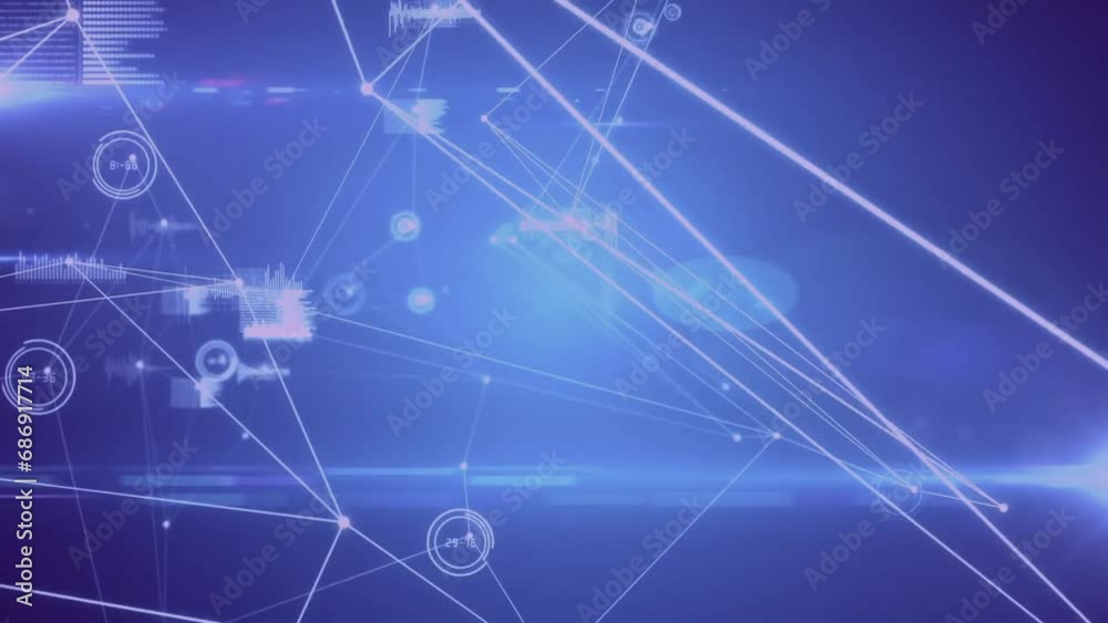 Animation of network of connections with data processing on blue background Animation of network of connections with data processing on blue background