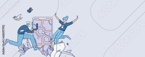 People exercising healthy running vector internet operation illustration
