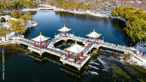 Landscape of pavilion in Nanhu Park, Changchun, China after snow
