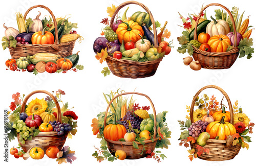 Autumn vegetable in basket watercolor illustration clipart. Generative AI