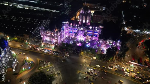 Chhatrapati Shivaji Maharaj Terminus and Brihanmumbai Municipal Corporation Head office Mumbai city evening and night aerial view  photo