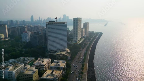 Chhatrapati Shivaji Maharaj Terminus and Brihanmumbai Municipal Corporation Head office Mumbai city evening and night aerial view  photo