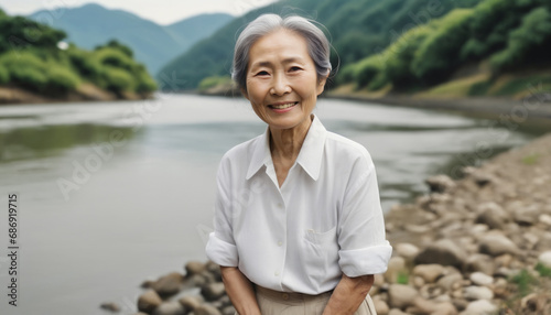川沿いで微笑む老女。日本、アジア、シニア