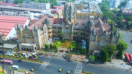 Chhatrapati Shivaji Maharaj Terminus and Brihanmumbai Municipal Corporation Head office Mumbai city evening and night aerial view  photo