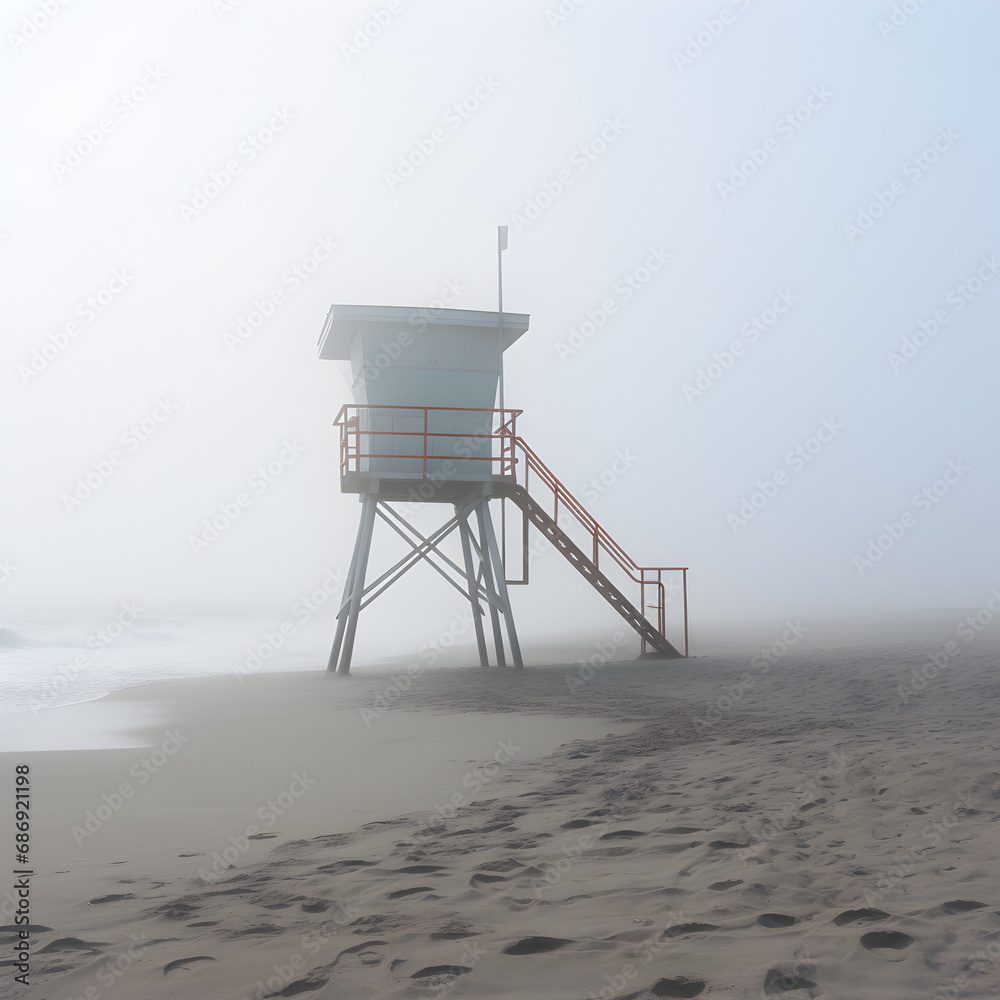 A Lifeguard Tower on a foggy beach 