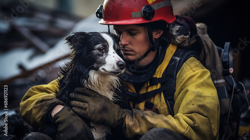 Heroic Firefighter Battling Blazing Inferno to Save Lives and Rescuing Precious Animals Amidst the Soothing Rain, A Captivating and Dramatic Image of Courage and Compassion photo