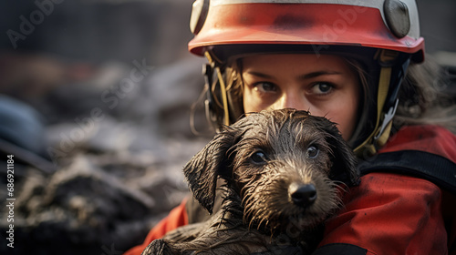 Heroic Firefighter Battling Blazing Inferno to Save Lives and Rescuing Precious Animals Amidst the Soothing Rain, A Captivating and Dramatic Image of Courage and Compassion photo