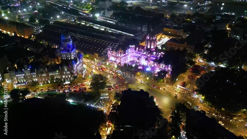 Chhatrapati Shivaji Maharaj Terminus and Brihanmumbai Municipal Corporation Head office Mumbai city evening and night aerial view  photo