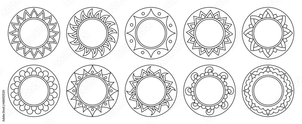 Sun abstract doodle set. Ethnic bohemian style various suns. Sunny ornamental flat retro sticker collection. Summer vector isolated illustration for tattoo, poster, print card book, wallpaper textile