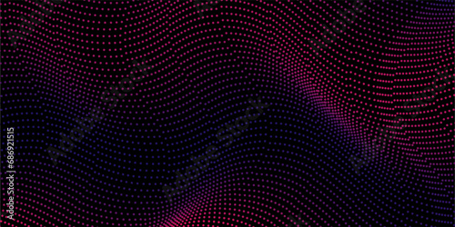 Dark abstract background with glowing wave. Shiny moving lines design element. Modern purple blue gradient flowing wave lines. Futuristic technology concept modern line waving