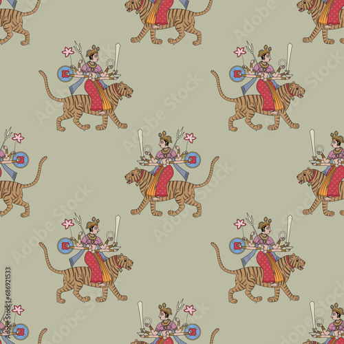 Seamless ethnic pattern with Hindu warrior goddess Durga riding a tiger. Traditional Indian folk motif. On white background.