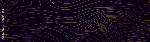 Abstract gold topographic lines on a dark background. Golden line waves topographical design. Wooden style Golden texture