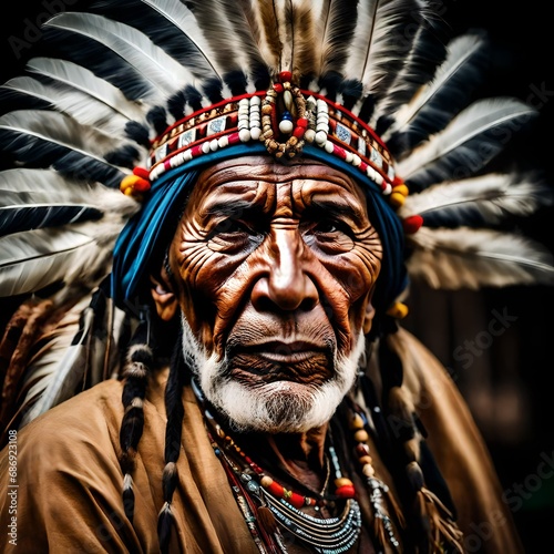an Indian Native American elder chief with traditional head dress
